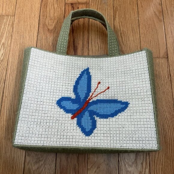 Vintage 70s Handmade Needlepoint Floral Butterfly Tote Bag Handbag Purse - Picture 2 of 7